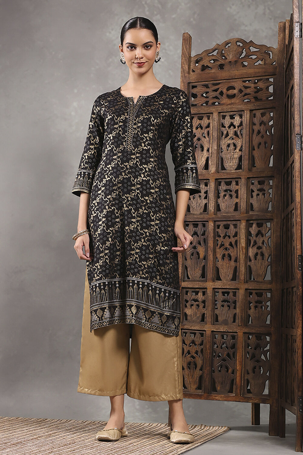 Black Printed Straight Kurta image number 1