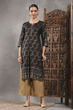 Black Viscose Rayon Printed Straight Kurta image number 1
