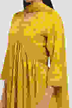 Yellow Rayon Slub Gathered Printed Kurta Palazzo Suit Set image number 1