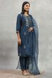 Blue Polyester Blend Printed Gathered Suit Set image number 5