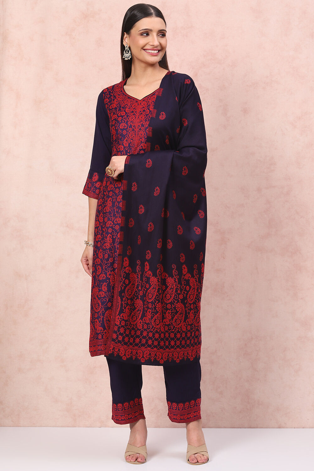 Navy Blue Art Silk Straight Suit Set image number 7