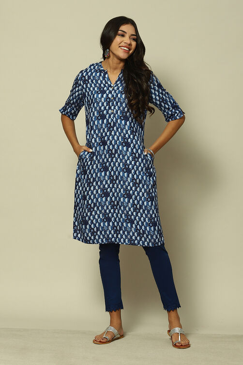 Indigo Blue Viscose Straight Printed Kurta image number 5