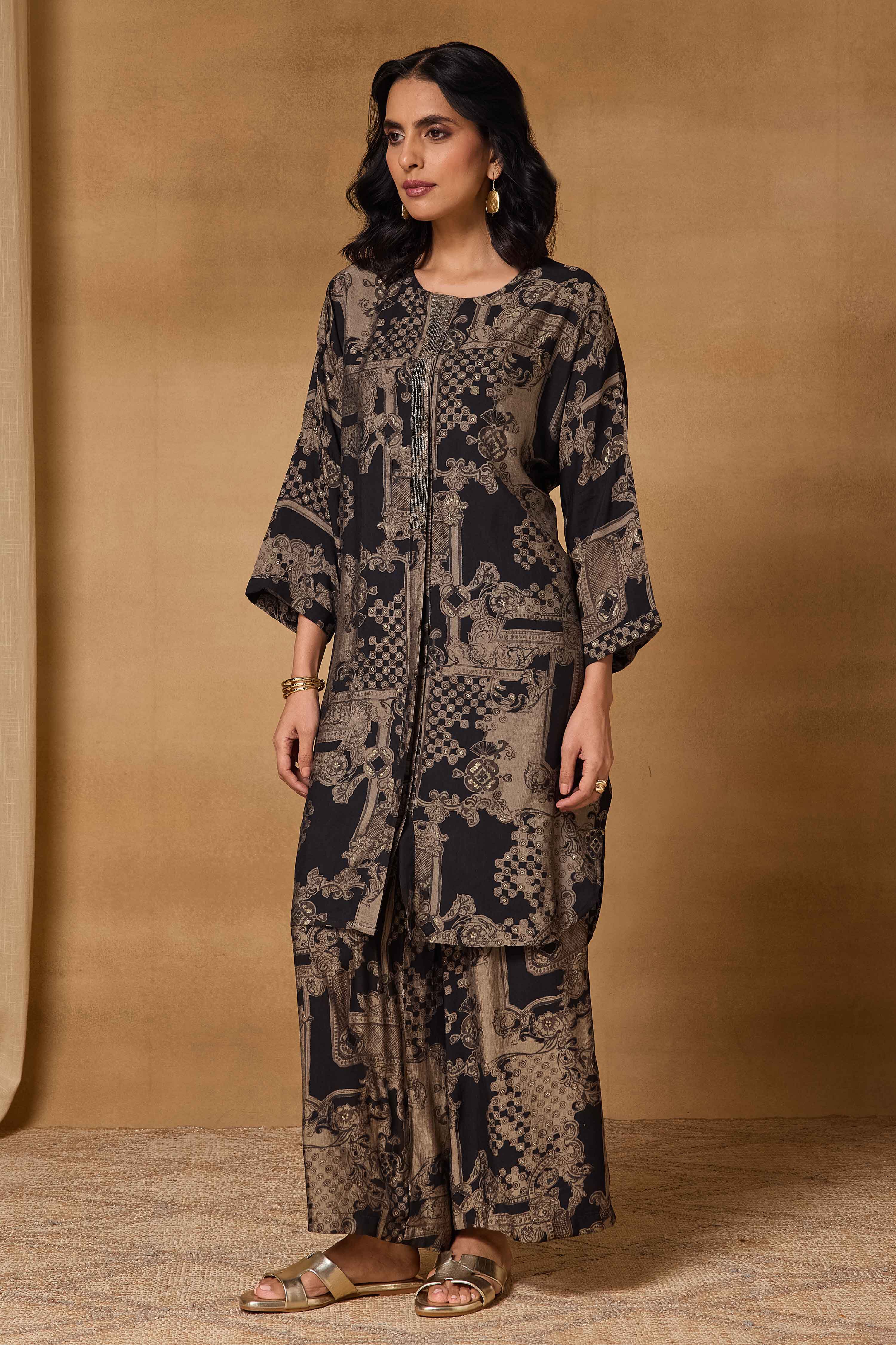 Black Viscose Blend Straight Printed Kurta Pants Set image number 4