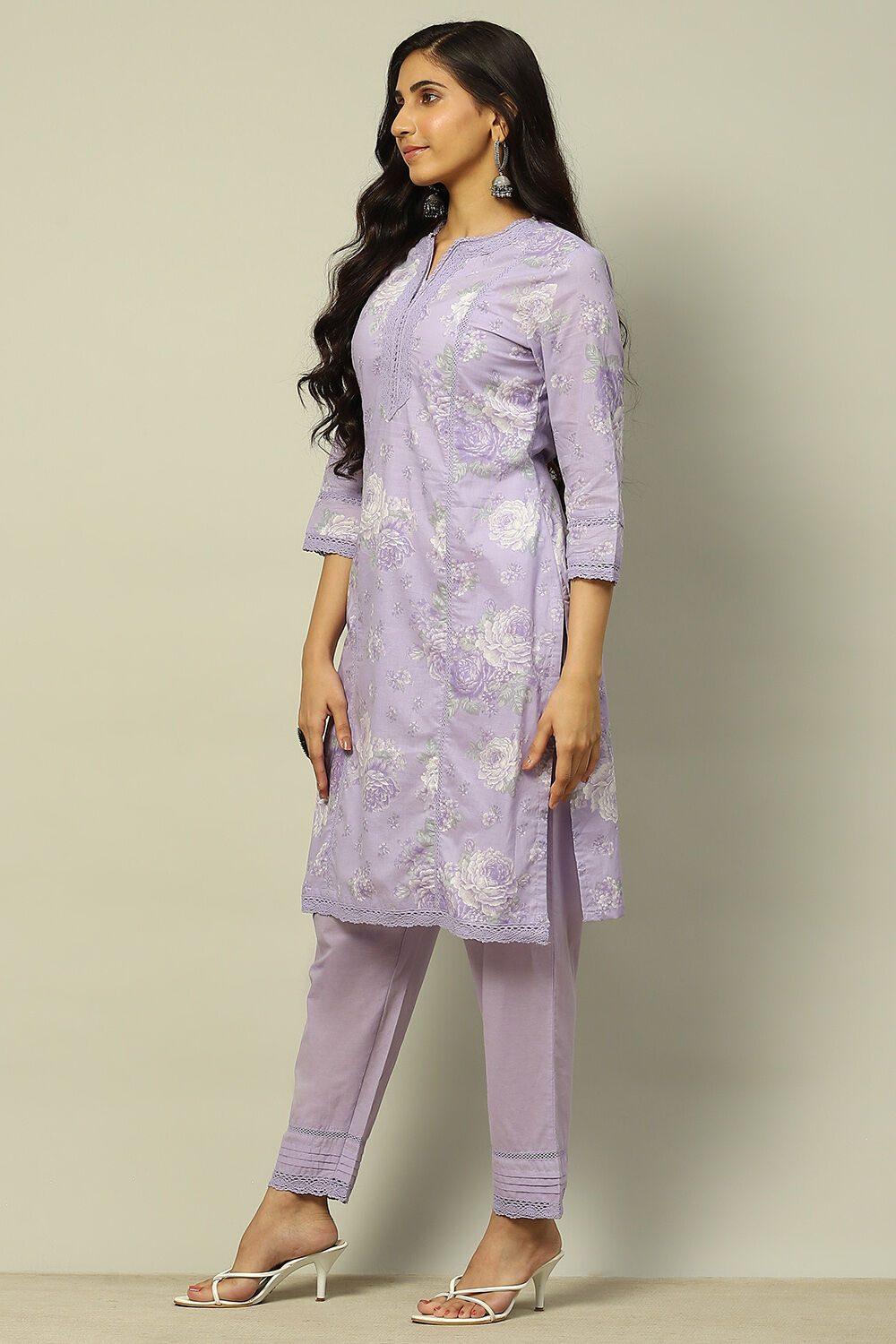 Lilac Cotton Printed Straight Suit Set image number 3