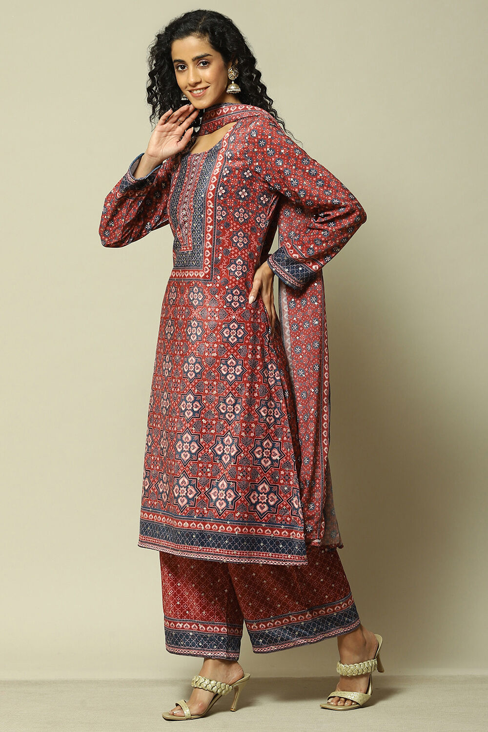 Maroon Polyester Straight Printed Kurta Palazzo Suit Set image number 4