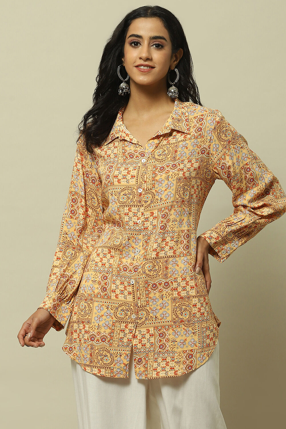 Mustard Yellow Printed Shirt-Style Kurti image number 5