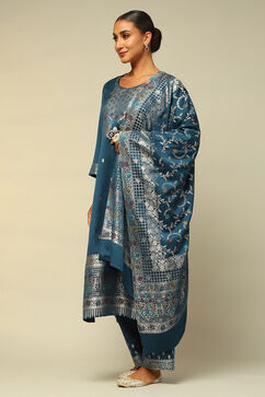 Petrol Blue Acrylic Straight Yarn Dyed Kurta Palazzo Suit Set image number 6