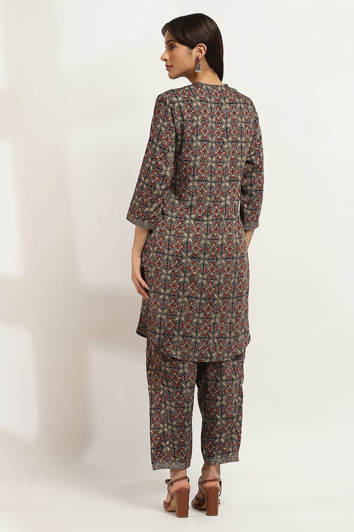 Navy Blue Printed Straight Co-ord Set image number 4