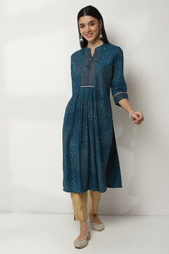 Teal Blue Viscose Printed Straight Kurta image number 0