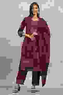 Green-Maroon Polyester Yarndyed Straight Suit Set image number 6