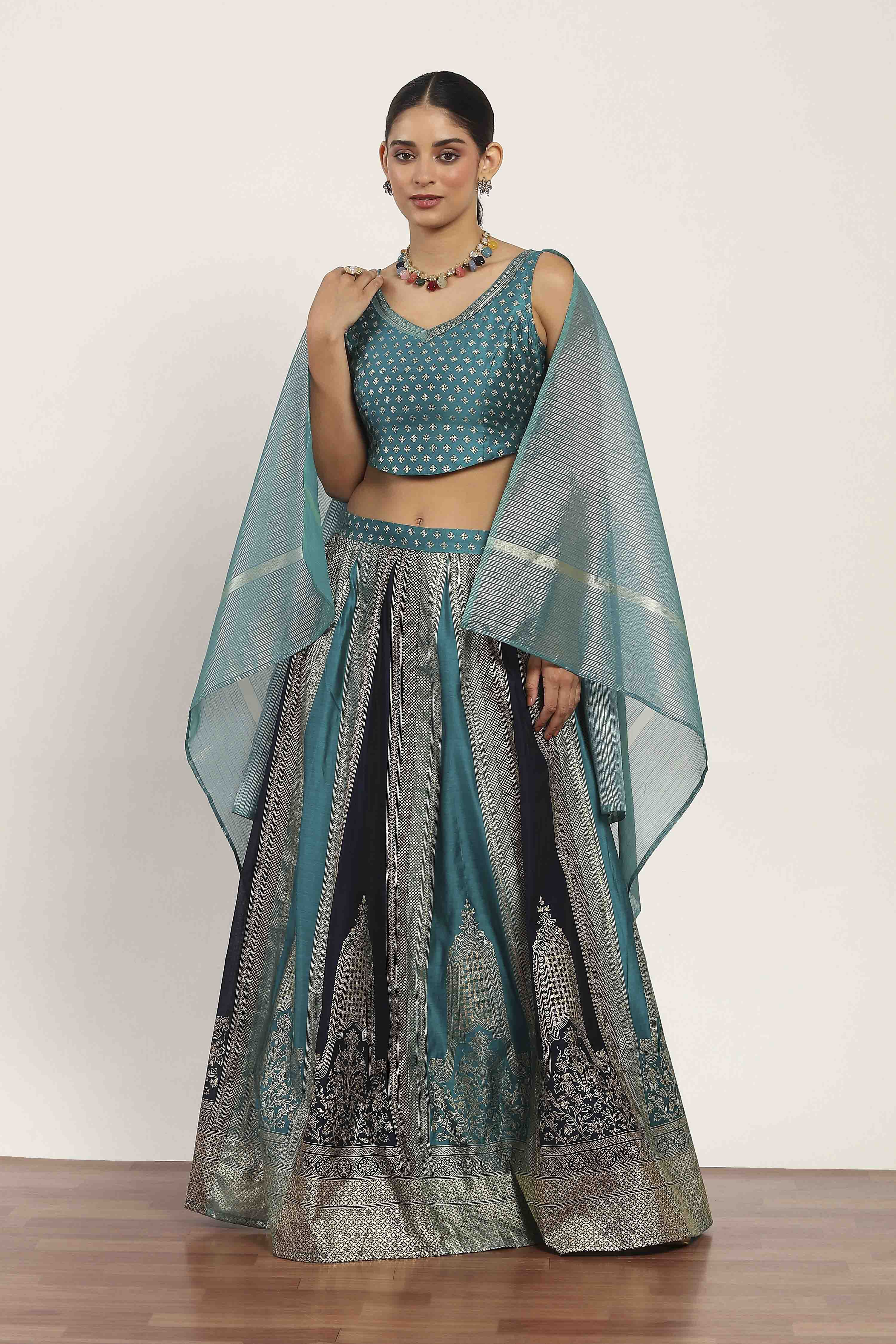 Teal Polyester Kalidar Lehenga Set image number 0