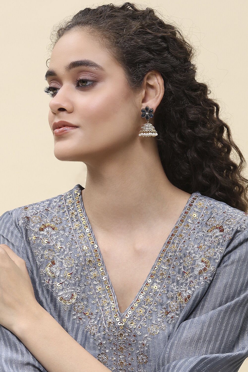 Navy Brass Jhumka image number 3