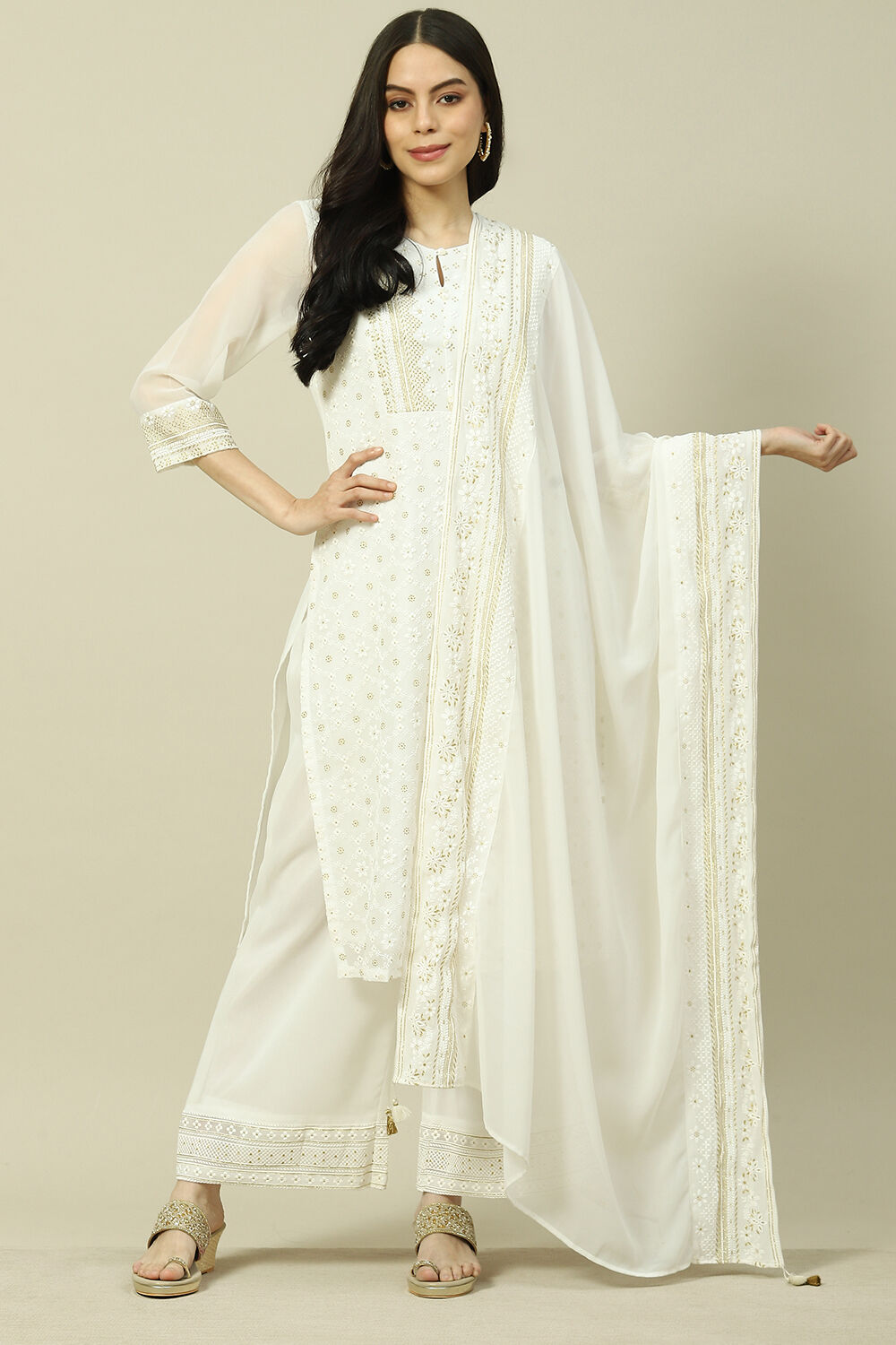 White Cotton Blend Woven Dupatta image number 0