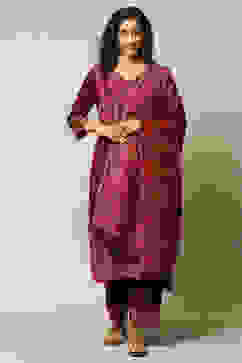 Maroon Poly Viscose Straight Yarndyed Kurta Palazzo Suit Set image number 7