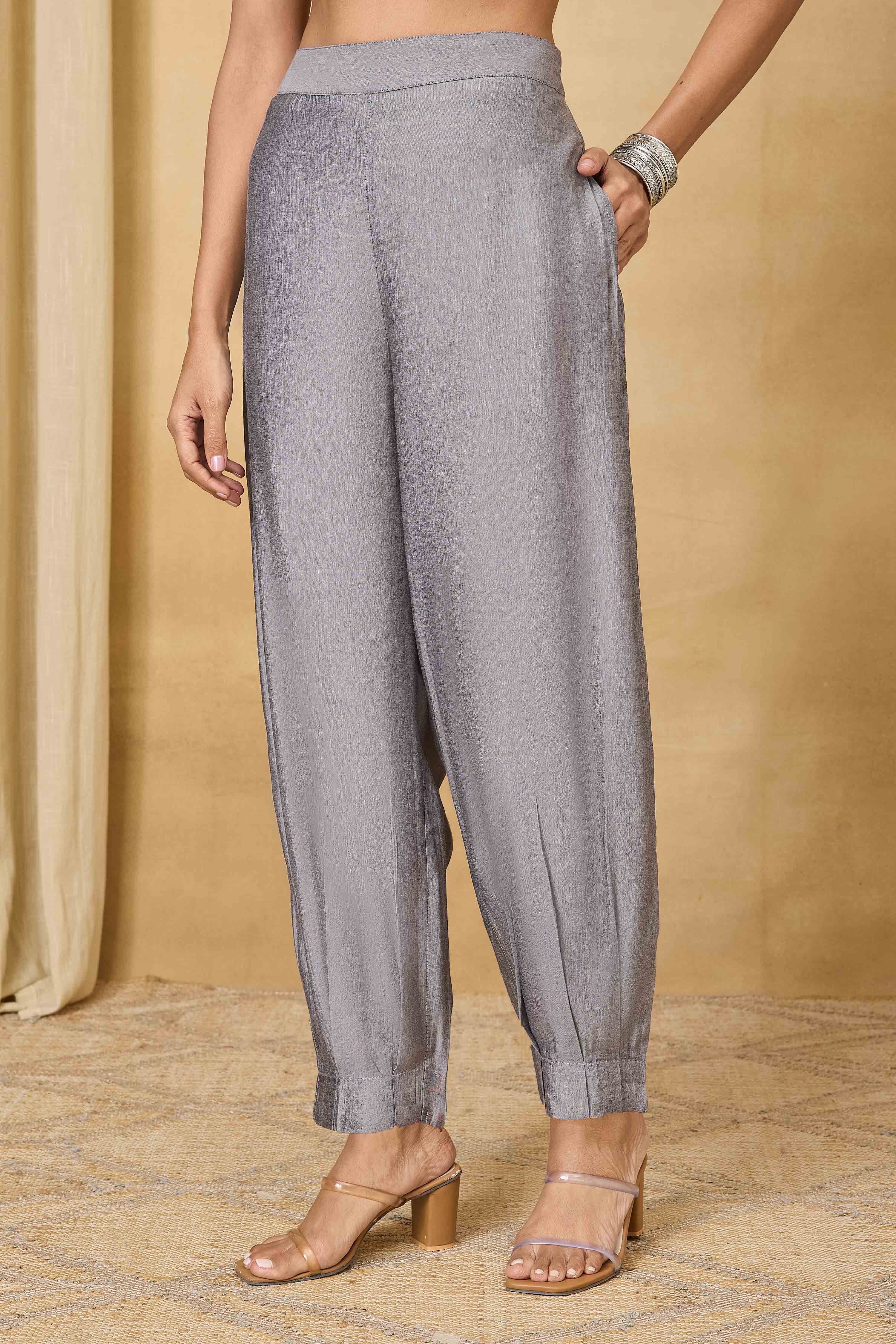 Silver Viscose Blend Straight Pants image number 4