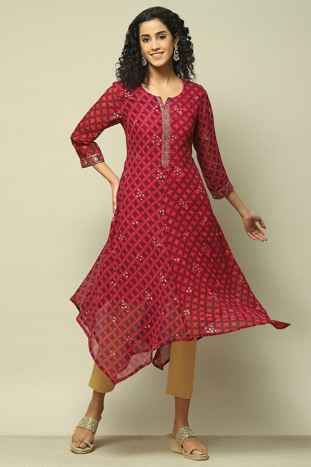 Wine Polyester Straight Printed Kurta image number 0