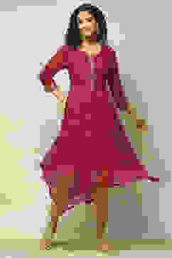 Wine Polyester Straight Printed Kurta image number 0