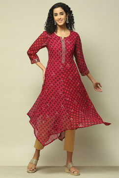 Wine Polyester Straight Printed Kurta image number 0