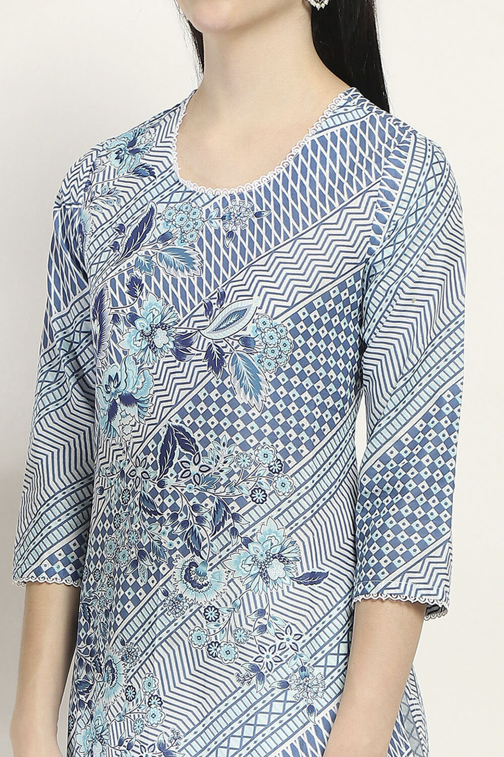 Indigo Cotton Printed Straight Kurta image number 1