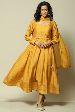 Mustard Viscose Straight Printed Dress image number 0