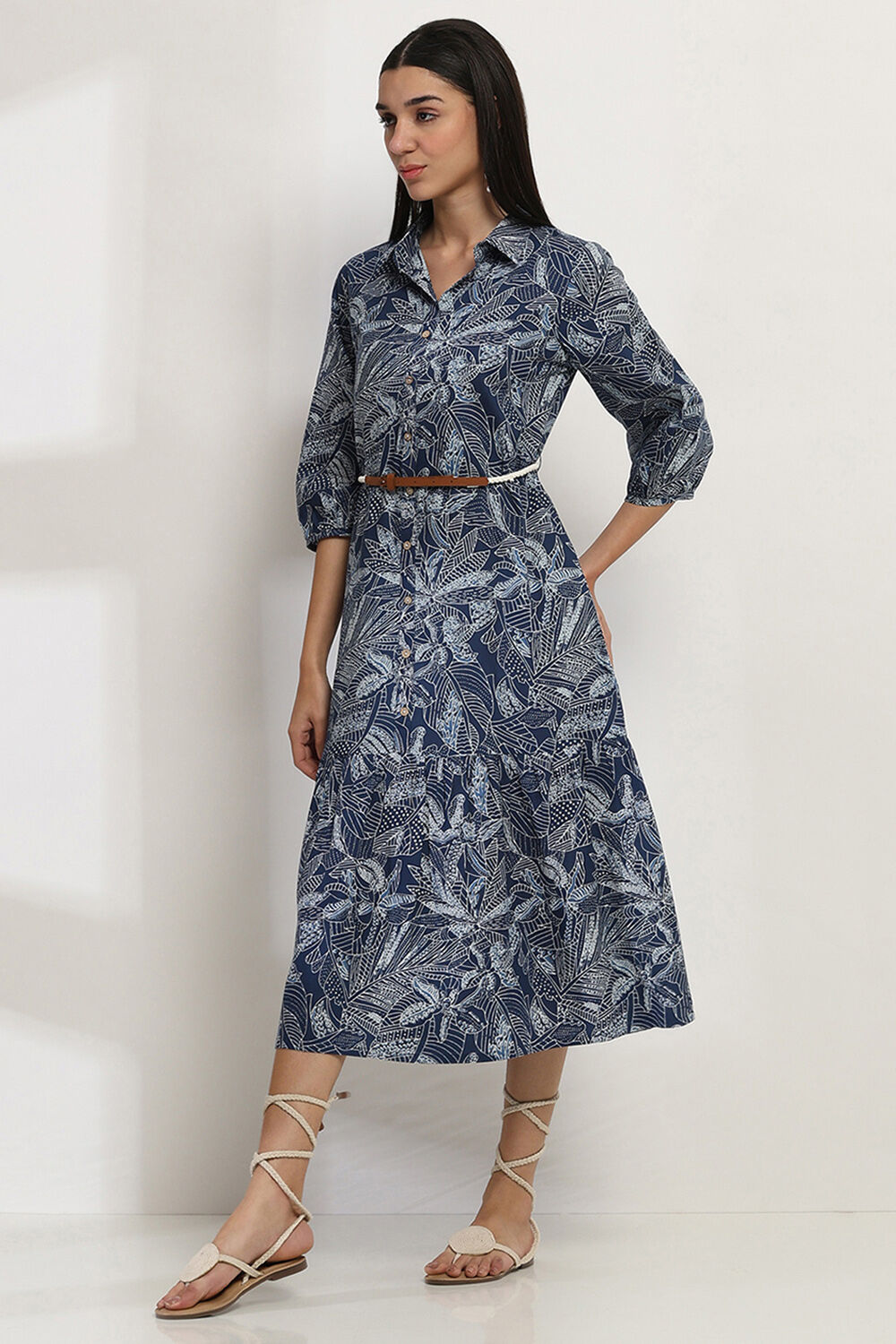 Indigo Cotton Printed Tiered Dress image number 2