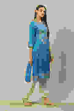 Blue LIVA Straight Printed Kurta image number 4