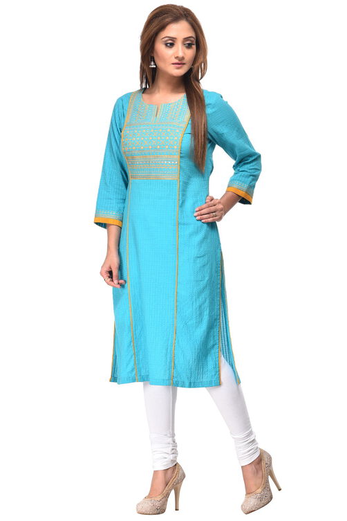 Turquoise Straight Cotton Kurta image number 1