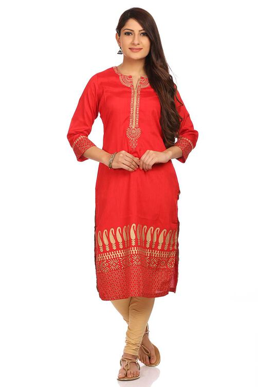 Red Straight Polyester Kurta image number 0