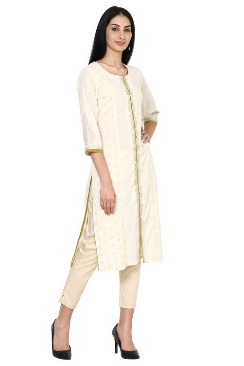 Off White Straight Cotton Kurta image number 3