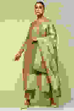 Green Acrylic Straight Yarn Dyed Kurta Palazzo Suit Set image number 6