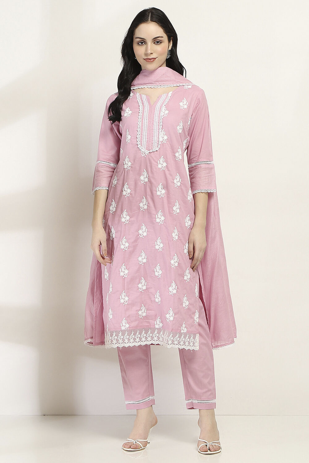 Lilac Cotton Embroidered Straight Suit Set image number 6