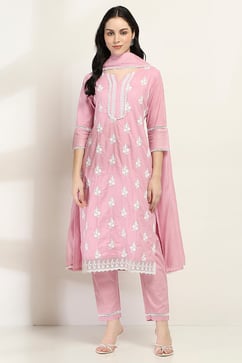 Lilac Cotton Embroidered Straight Suit Set image number 6