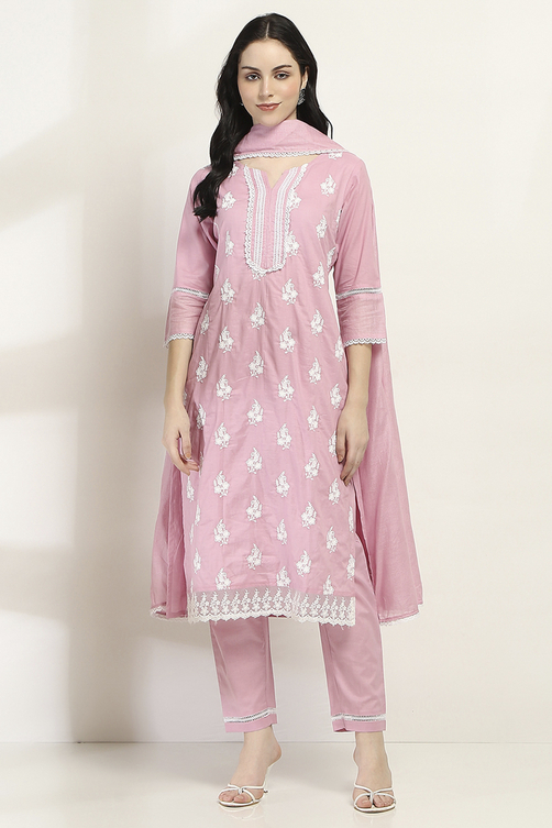 Lilac Cotton Embroidered Straight Suit Set image number 6