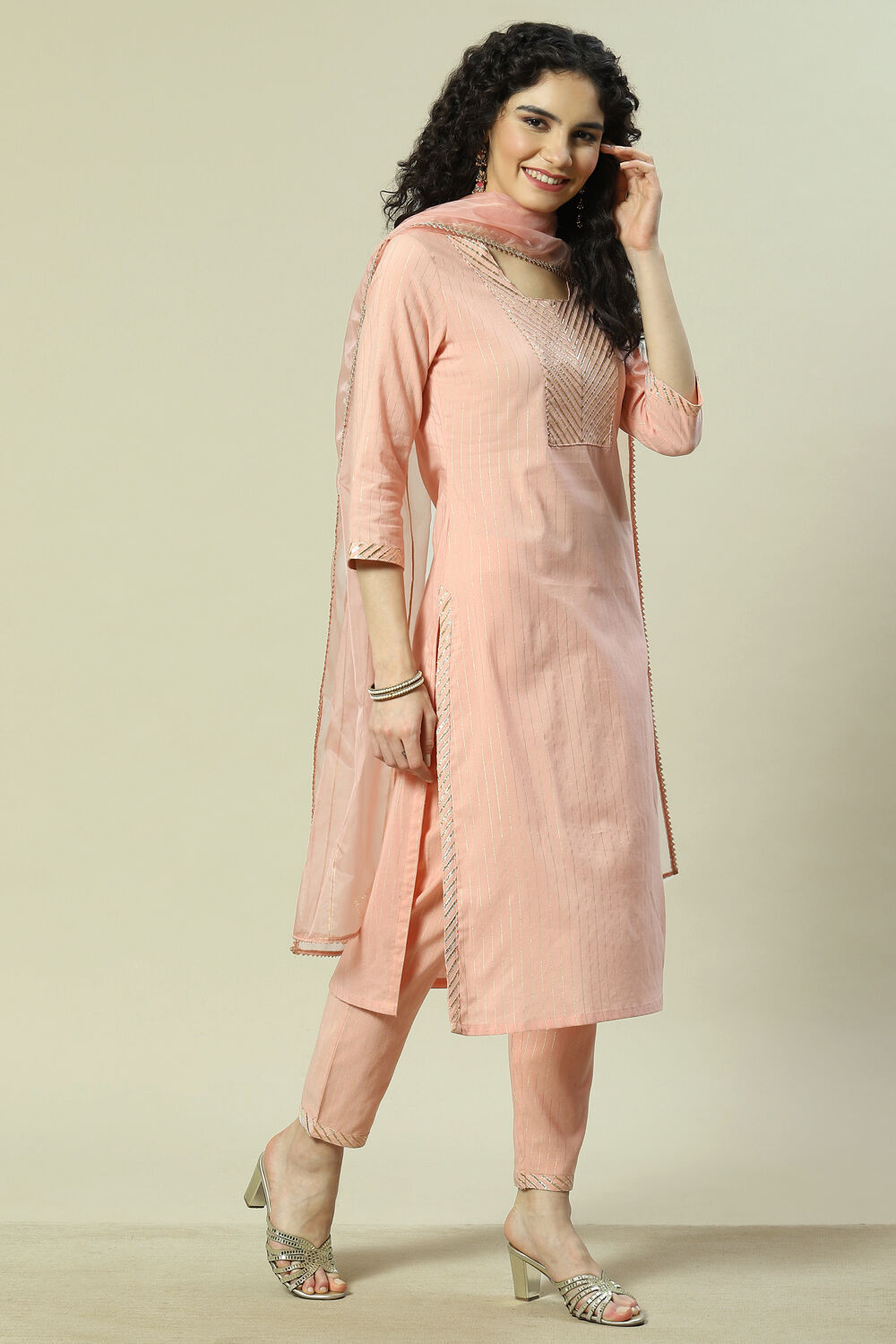 Peach Viscose Woven Straight Kurta Suit Set image number 6