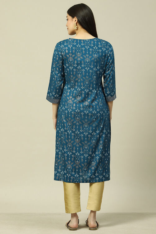 Teal Blue Viscose Straight Kurta image number 4