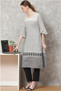 Grey Poly Cotton Straight Kurta image number 5