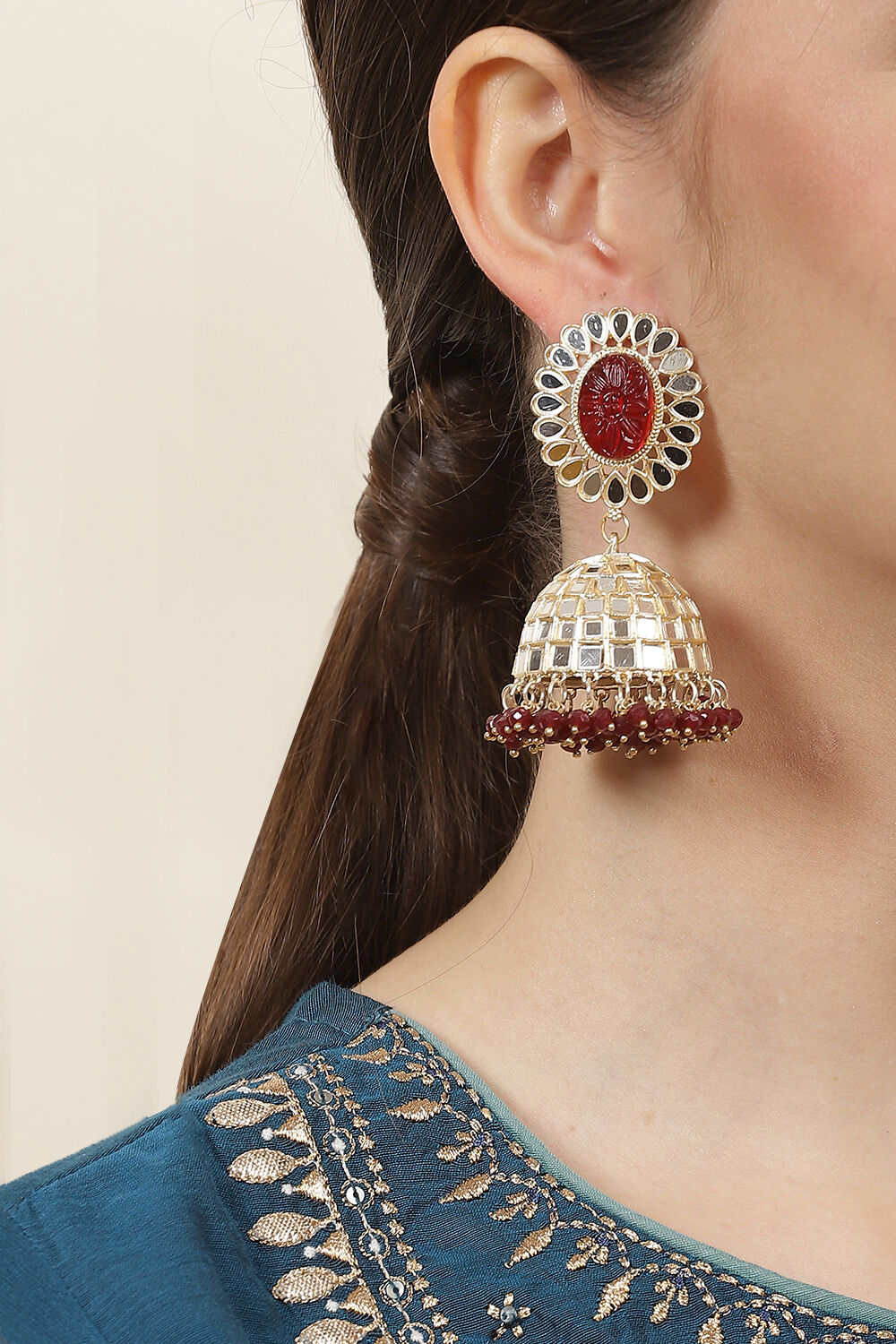 Maroon Mirror Work Jhumkas image number 1