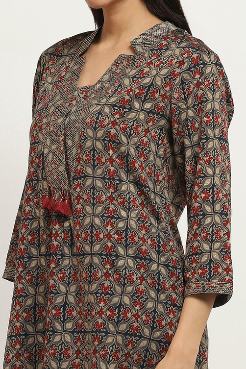 Navy Blue Printed Straight Co-ord Set image number 1