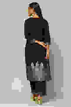 Black Acrylic Straight Yarn Dyed Kurta Palazzo Suit Set image number 4