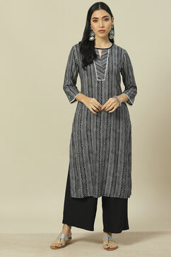 Black LIVA Woven Straight Kurta Suit Set image number 6