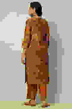 Mustard Viscose Blend Floral Printed Straight Suit Set image number 4