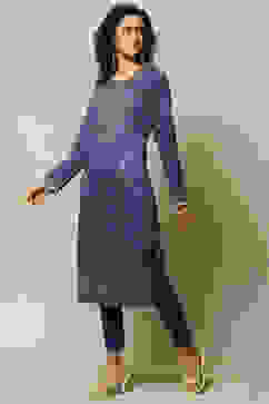 Blue Acrylic Straight Printed Kurta image number 2