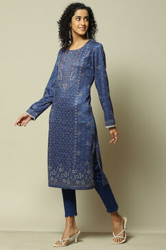 Blue Acrylic Straight Printed Kurta image number 2