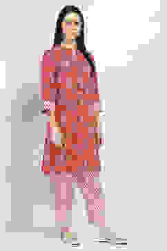 Red Cotton Printed Straight Kurta Set image number 5
