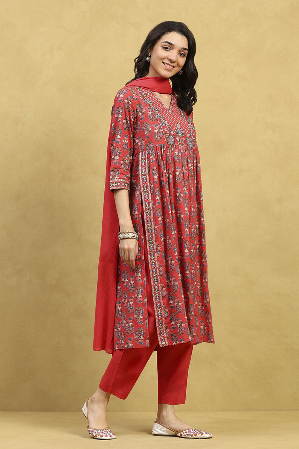 Brick Red Cotton Printed Gathered Suit Set image number 5