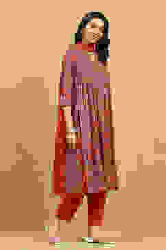 Brick Red Cotton Printed Gathered Suit Set image number 5