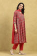 Brick Red Cotton Printed Gathered Suit Set image number 5