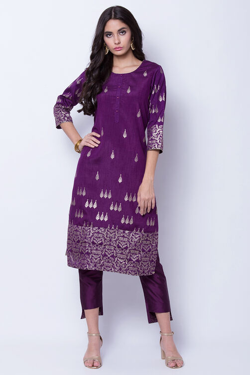 Purple Polyester Dupioni Straight Kurta image number 0