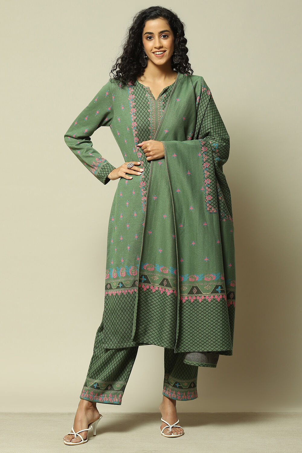 Green Cotton Blend Straight Printed Kurta Palazzo Suit Set image number 7
