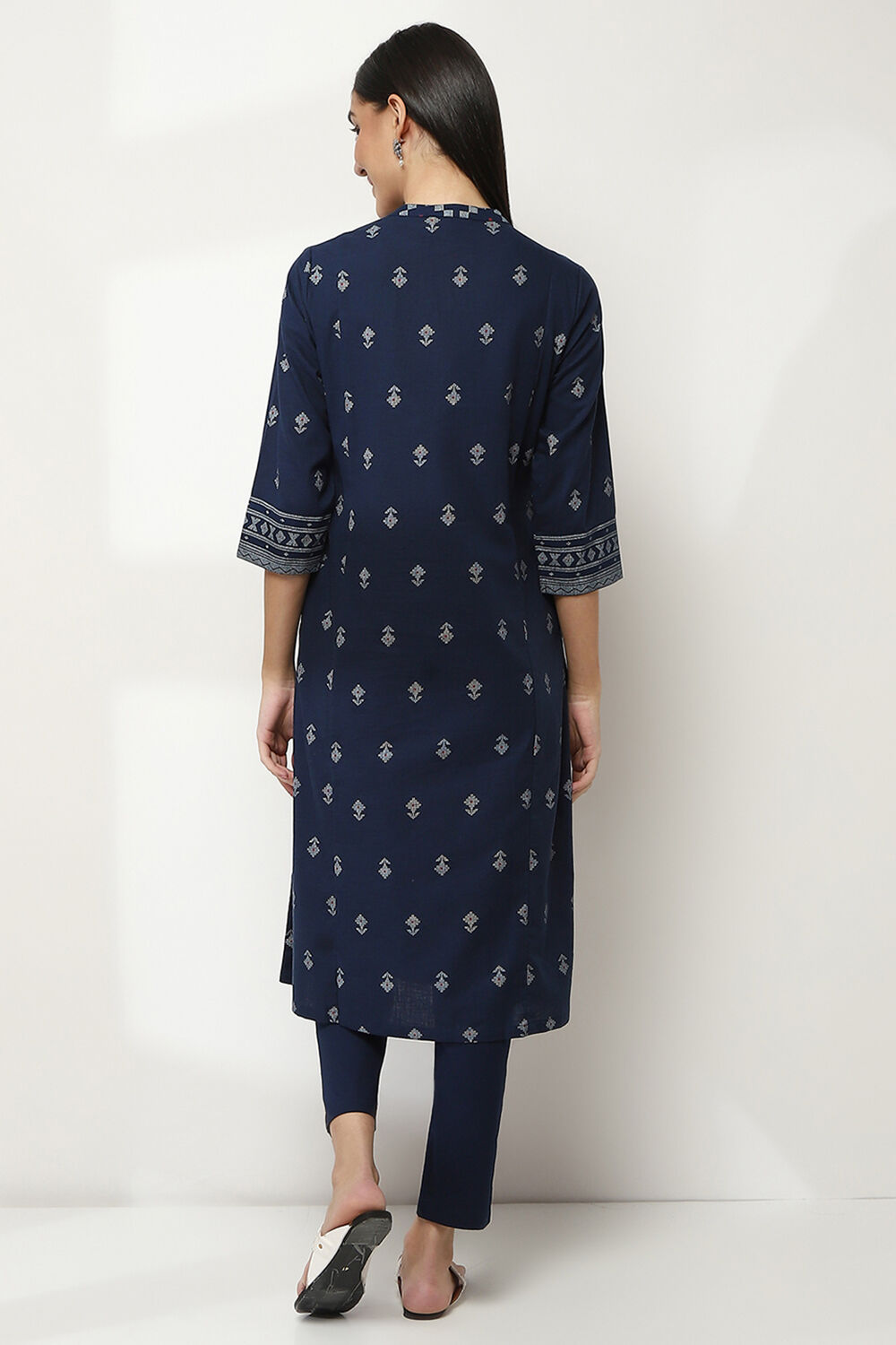 Navy Blue Cotton Printed Straight Kurta image number 3